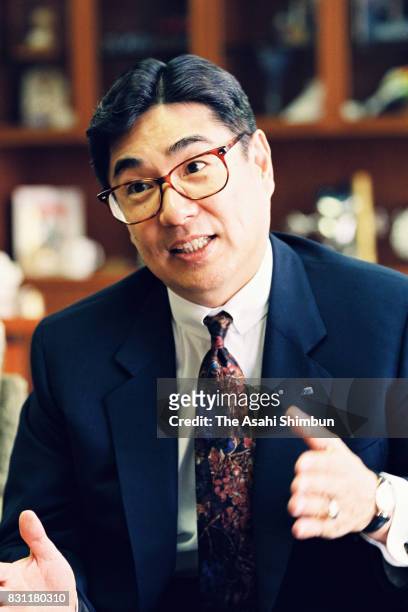 Mizuno President Masato Mizuno speaks during the Asahi Shimbun interview at the company headquarters on September 28, 1993 in Tokyo, Japan.