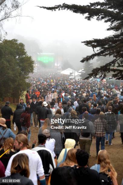 Festivalgoers attend the Lands End stage during the 2017 Outside Lands Music And Arts Festival at Golden Gate Park on August 13, 2017 in San...