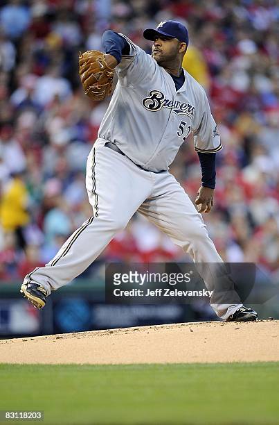 Sabathia of the Milwaukee Brewers delivers in Game 2 of the NLDS Playoff against the Philadelphia Phillies at Citizens Bank Ballpark on October 2,...