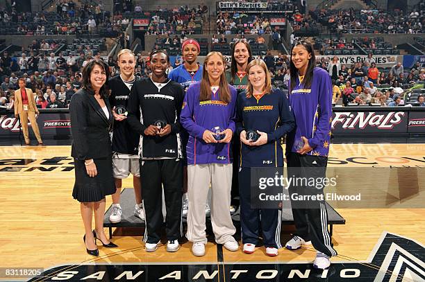 Donna Orender, WNBA President, Becky Hammon, Sophia Young of the San Antonio Silver Stars, Deanna Nolan of the Detroit Shock, Diana Taurasi of the...