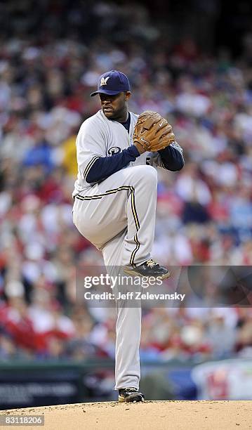 Sabathia of the Milwaukee Brewers delivers in Game 2 of the NLDS Playoff against the Philadelphia Phillies at Citizens Bank Ballpark on October 2,...