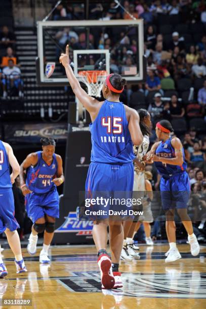 Kara Braxton of the Detroit Shock celebrates in Game Two of the WNBA Finals on October 3, 2008 at AT&T Center in San Antonio, Texas. NOTE TO USER:...