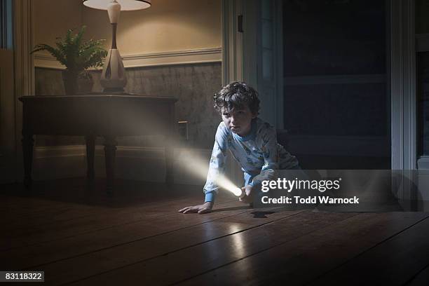 boy searching with flashlight - torcia elettrica foto e immagini stock