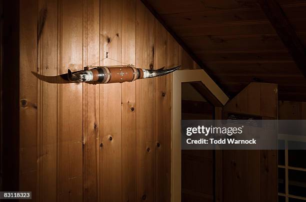 bullhorns mounted in attic - man cave stock pictures, royalty-free photos & images