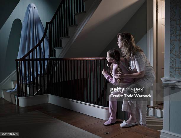 girls following ghost - halloween boo ghost stock pictures, royalty-free photos & images
