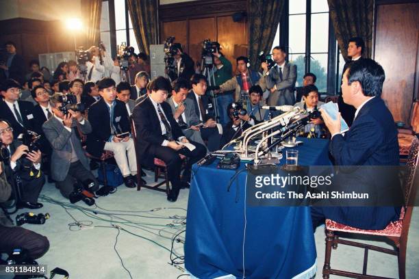 Japan Renewal Party Executive Ichiro Ozawa speaks during a press conference admitting he had received 5 million yen political fund donation by...