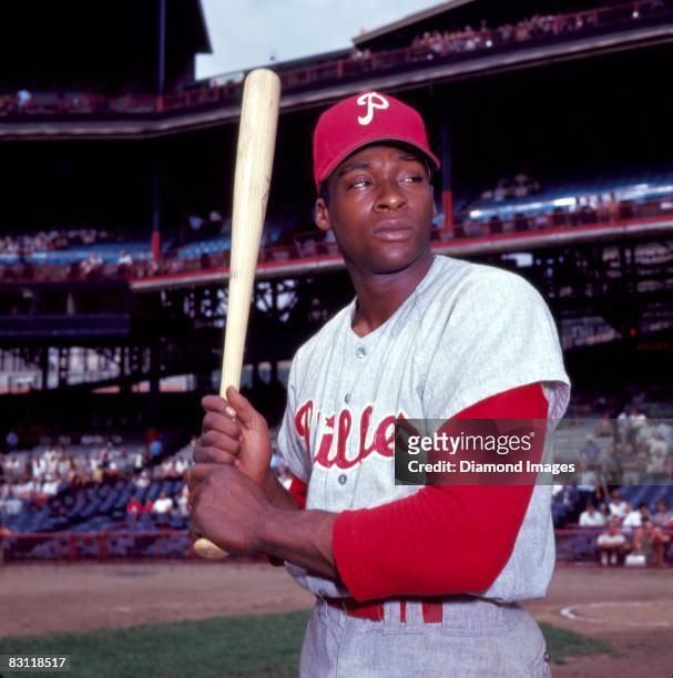 Richard "Dick" Allen of the Philadelphia Phillies poses for a portrait prior a game in 1966 against the Cincinnati Reds at Crosley Field in...