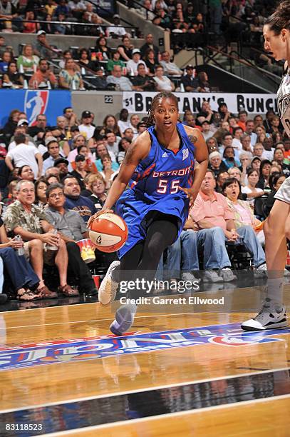 Sheri Sam of the Detroit Shock drives against Ruth Riley of the San Antonio Silver Stars in Game Two of the WNBA Finals on October 3, 2008 at AT&T...