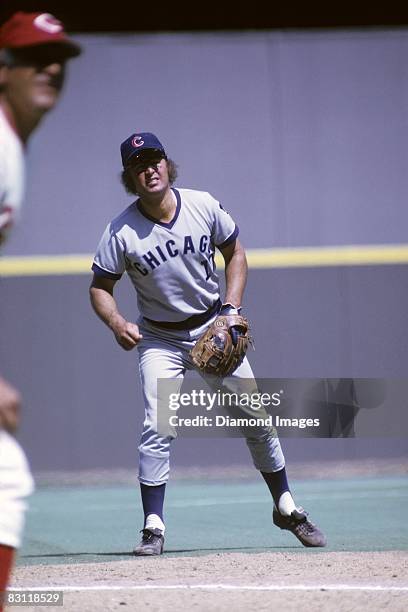 Third baseman Ron Santo of the Chicago Cubs watches a foul pop fly sail into the seats during a game in May, 1973 against the Cincinnati Reds at...