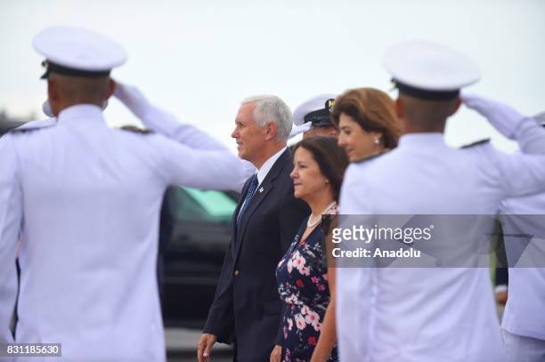 Vice President Mike Pence is being welcomed by Maria Angela Holguin , Foreign Affairs Minister of Colombia at Rafael Nunez International Airport in...