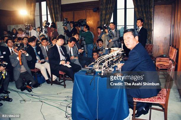 Japan Renewal Party Executive Ichiro Ozawa speaks during a press conference admitting he had received 5 million yen political fund donation by...