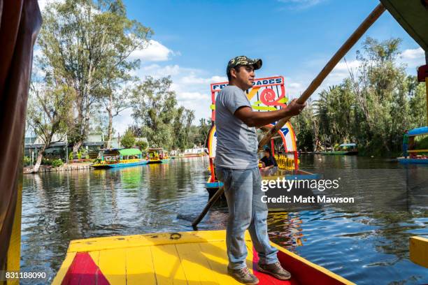 trajinera or punt on the canals and floating gardens of xochimilco mexico city - xochimilco stock pictures, royalty-free photos & images