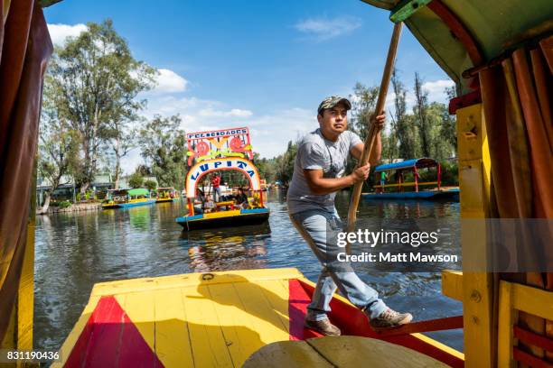 trajinera or punt on the canals and floating gardens of xochimilco mexico city - xochimilco stock pictures, royalty-free photos & images