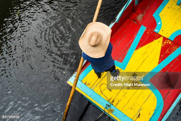 trajinera or punt on the canals and floating gardens of xochimilco mexico city - xochimilco stock pictures, royalty-free photos & images