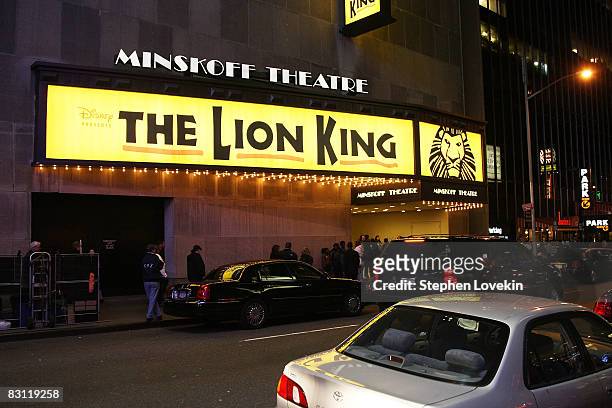 The Minskoff theatre advertises "The Lion King" on west 44th street between Broadway and Eighth avenue prior to the dimming of their marquee lights...