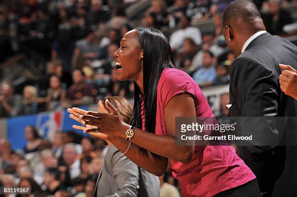 Cheryl Ford of the Detroit Shock cheers against the San Antonio Silver Stars during Game Two of the WNBA Finals on October 3, 2008 at AT&T Center in...