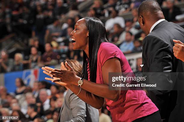 Cheryl Ford of the Detroit Shock cheers against the San Antonio Silver Stars during Game Two of the WNBA Finals on October 3, 2008 at AT&T Center in...