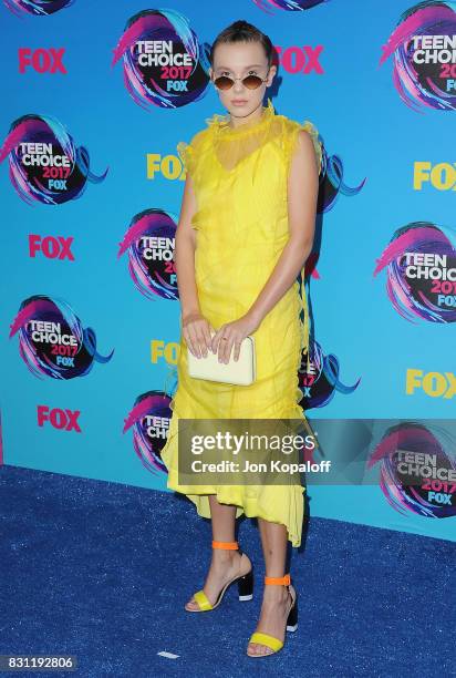 Actress Millie Bobby Brown arrives at the Teen Choice Awards 2017 at Galen Center on August 13, 2017 in Los Angeles, California.