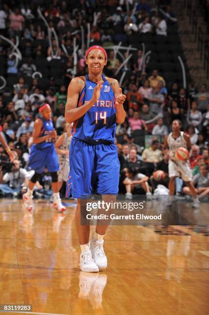 Deanna Nolan of the Detroit Shock celebrates against the San Antonio Silver Stars during Game Two of the WNBA Finals on October 3, 2008 at AT&T...