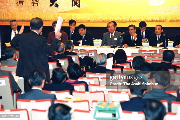 Social Democratic Party of Japan chairman Tomiichi Murayama listens to an appeal by a lawmaker during the annual party convention on January 12, 1994...