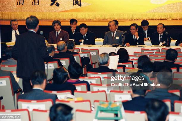 Social Democratic Party of Japan chairman Tomiichi Murayama listens to an appeal by a lawmaker during the annual party convention on January 12, 1994...