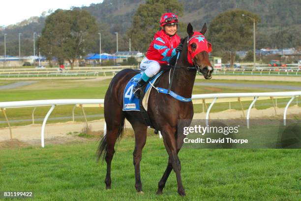 Baby Zara ridden by Brooke Sweeney returns to the mounting yard after winning the Eskimo Joe at Telstra Wodonga Gold Cup BM58 Handicap on August 14,...