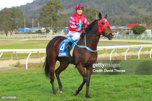 Baby Zara ridden by Brooke Sweeney returns to the mounting yard after winning the Eskimo Joe at Telstra Wodonga Gold Cup BM58 Handicap on August 14,...