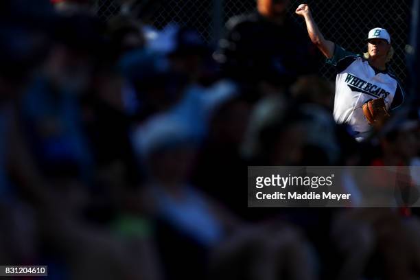 Sam Bordner of the Brewster Whitecaps warms up in the bullpen during game three of the Cape Cod League Championship Series at Stony Brook Field on...