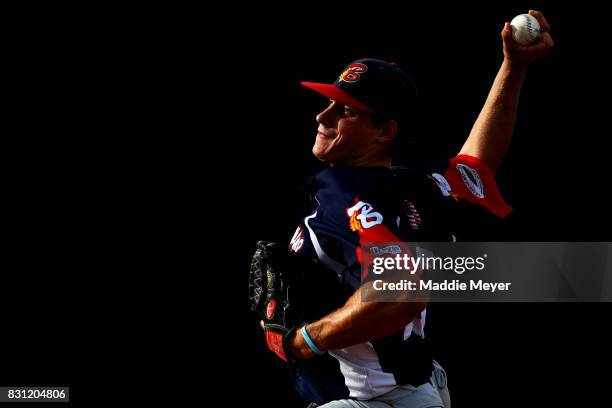 Brain Eichhorn of the Bourne Braves pitches against the Brewster Whitecaps during game one of the Cape Cod League Championship Series at Stony Brook...