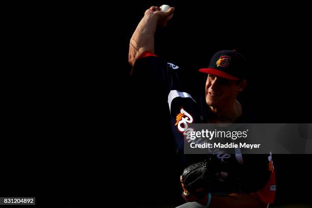 Brain Eichhorn of the Bourne Braves pitches against the Brewster Whitecaps during game one of the Cape Cod League Championship Series at Stony Brook...
