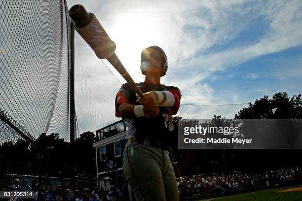 Zac Susi of the Bourne Braves warms up in the on deck circle during game one of the Cape Cod League Championship Series against the Brewster...