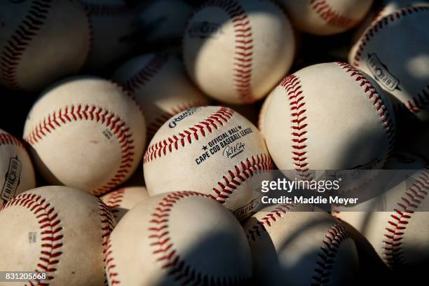 Detail of game balls during game three of the Cape Cod League Championship Series between the Bourne Braves and the Bewster Whitecaps at Stony Brook...
