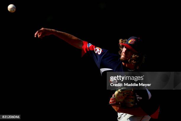 Blake Whitney of the Bourne Braves pitches against the Brewster Whitecaps during game three of the Cape Cod League Championship Series at Stony Brook...