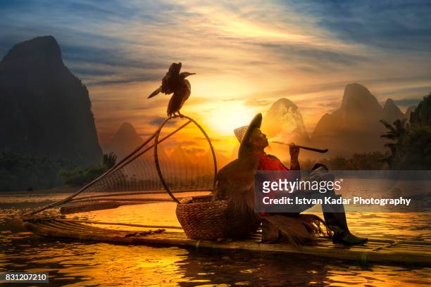 cormorant fisherman smoking pipe at sunset, yangshuo china - guangxi 個照片及圖片檔