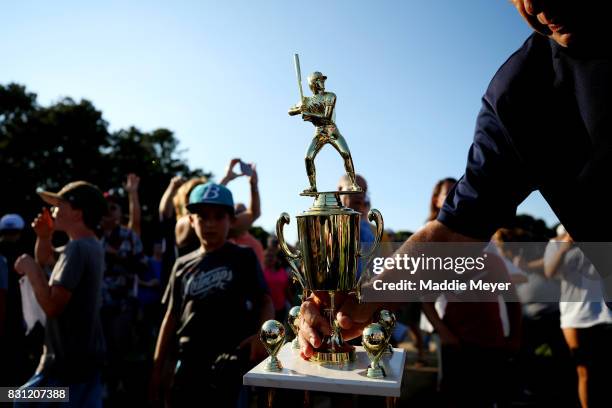 Detail of the winners trophy before it was presented to the Brewster Whitecaps after they defeat the Bourne Braves during game three of the Cape Cod...