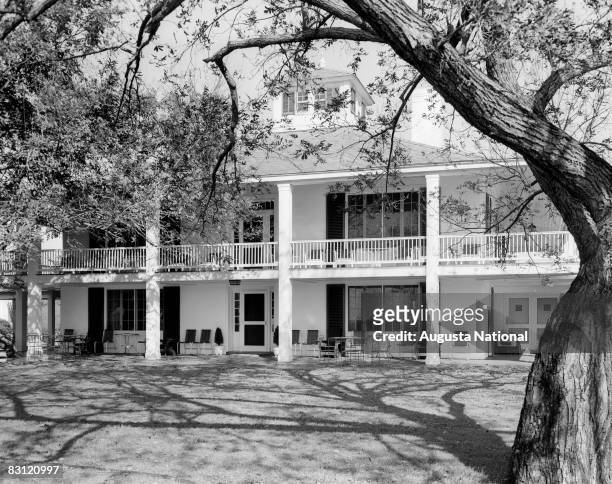 Rear view of the Augusta National Clubhouse during the 1949 Masters Tournament at Augusta National Golf Club in April 1949 in Augusta, Georgia.