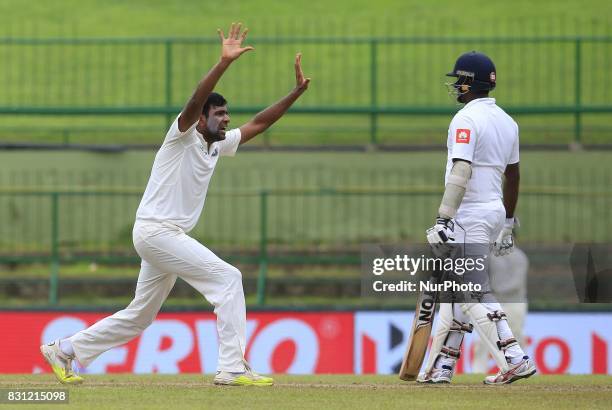 Indian cricketer Ravichandran Ashwin appeals during the 3rd Day's play in the 3rd and final Test match between Sri Lanka and India at the Pallekele...