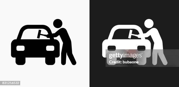 car window cleaning icon on black and white vector backgrounds - windshield wiper stock illustrations