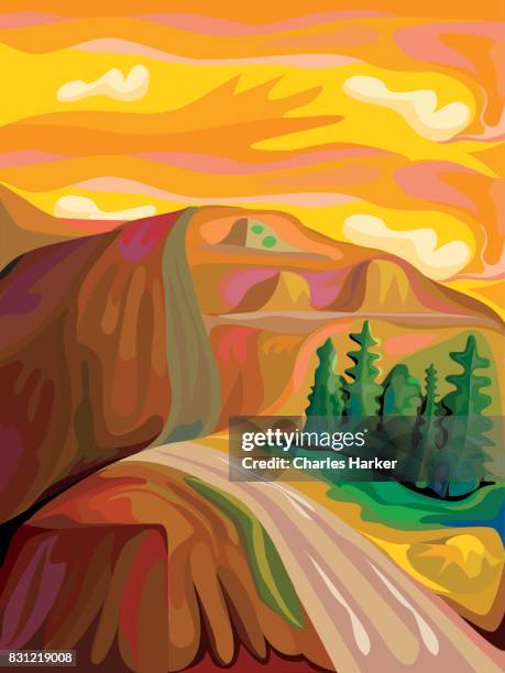 expressionist mountain landscape with road in warm orange and browns. - vincent van gogh pintor - fotografias e filmes do acervo