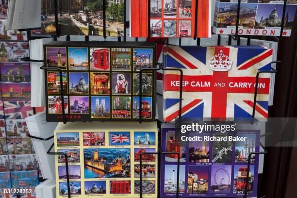 Detail of a rack of postcards showing a matrix of scenes and cityscapes of London on 10th August 2017, in London, England.