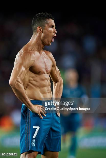 Cristiano Ronaldo of Real Madrid celebrates after scoring the second goal during the Supercopa de Espana Supercopa Final 1st Leg match between FC...