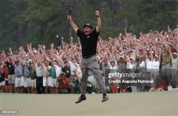 Phil Mickelson Reacts To His Winning Putt During The 2004 Masters Tournament