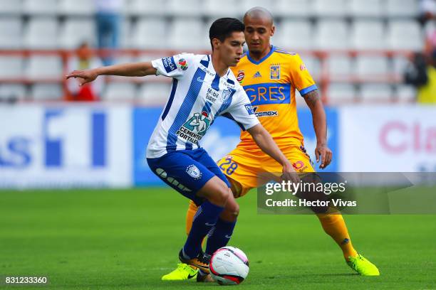 Emmanuel Garcia of Pachuca struggles for the ball with Luis Rodriguez of Tigres during the 4th round match between Pachuca and Tigres UANL as part of...