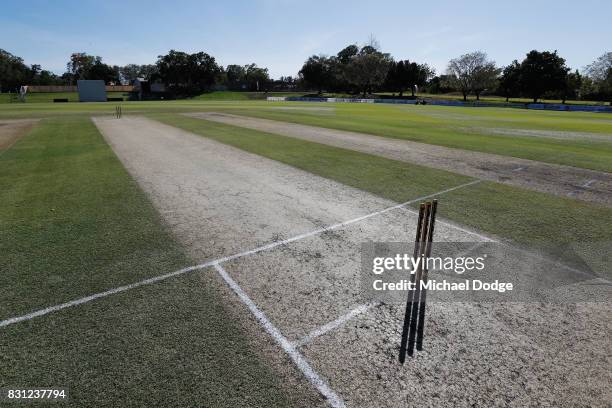 General view is seen of the wicket during day one of the Australian Test cricket inter-squad match at Marrara Cricket Ground on August 14, 2017 in...