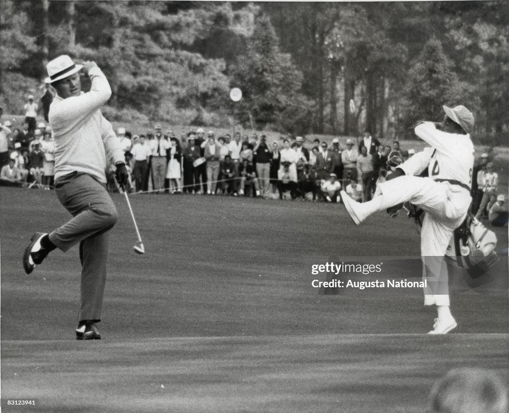 Jack Nicklaus And Caddie Willie Peterson Reacts To A Put During The 1966 Masters Tournament