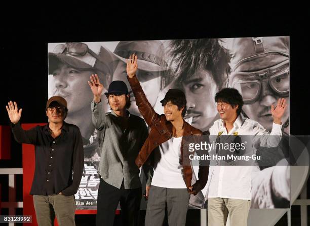 Movie "the good the bad the weird" 's director Kim Jee-Woon, Jung Woo-Sung, Lee Byung-Hun and Song Kang-Ho pose for photographers after open talk...
