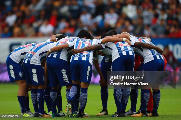 Players of Pachuca huddle prior to the 4th round match between Pachuca and Tigres UANL as part of the Torneo Apertura 2017 Liga MX at Hidalgo Stadium...