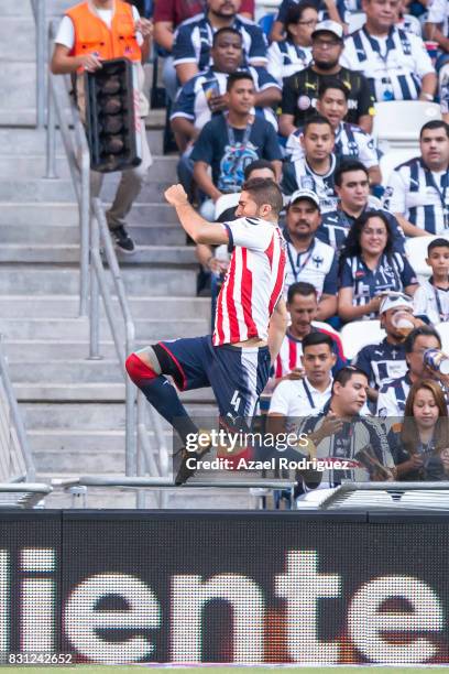 Jair Pereira of Chivas celebrates after scoring his team's first goal during the 4th round match between Monterrey and Chivas as part of the Torneo...