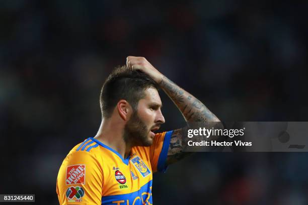 Andre Gignac of Tigres reacts during the 4th round match between Pachuca and Tigres UANL as part of the Torneo Apertura 2017 Liga MX at Hidalgo...