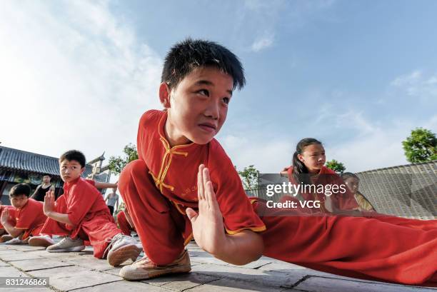 Children from a Shaolin martial art institute practise kung fu at a village in Suichuan County on August 13, 2017 in Ji'an, Jiangxi Province of China.